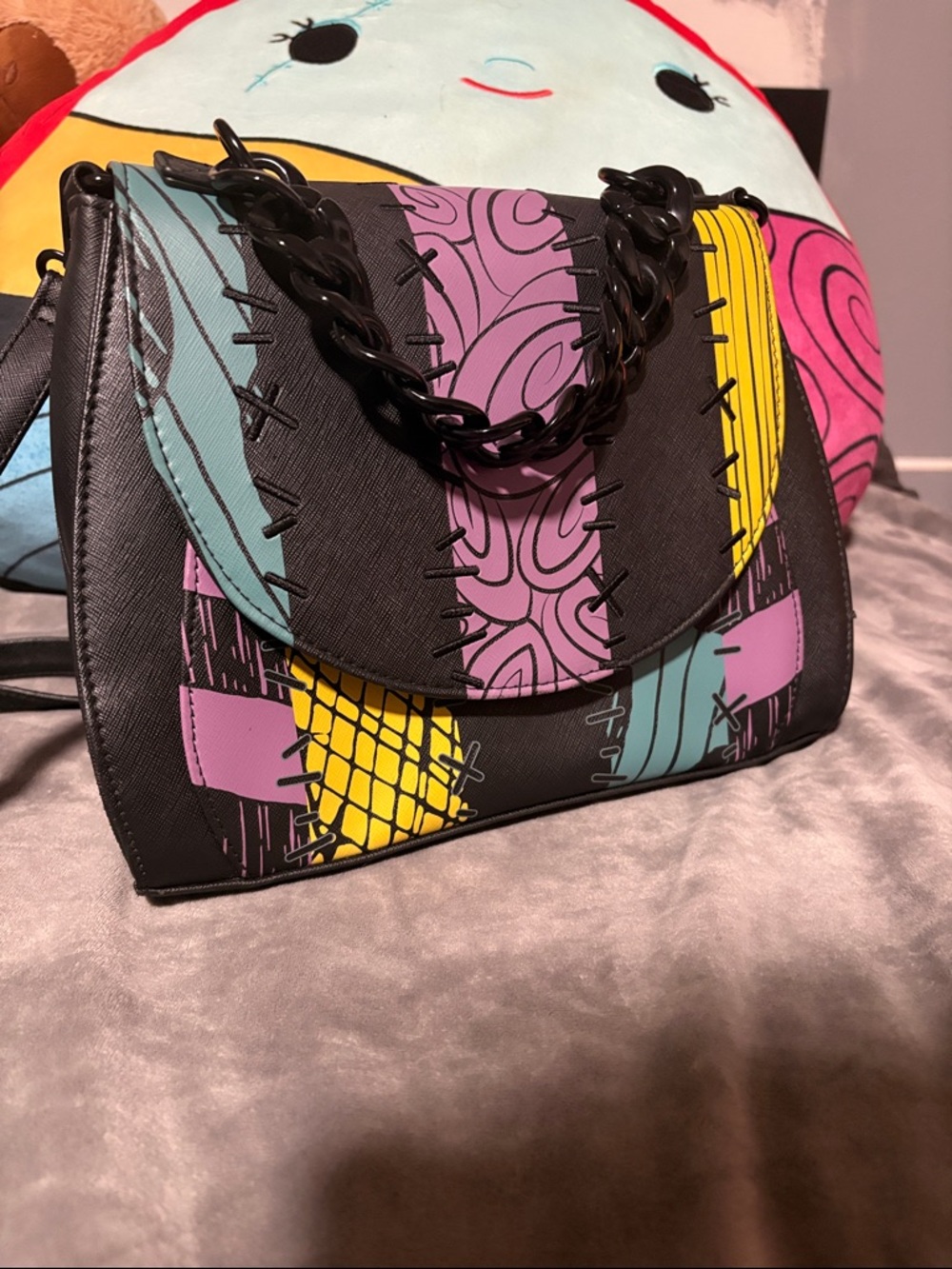 Nightmare before Christmas.  Black with Pink, Yellow & Teal Crossbody sachel Bag